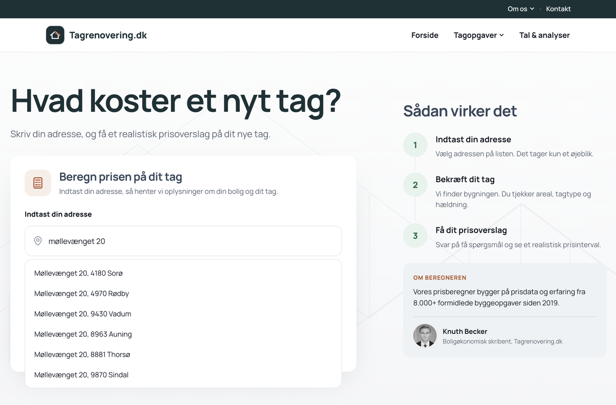 Indtastning af adresse med dropdown-forslag så bygningen kan findes automatisk