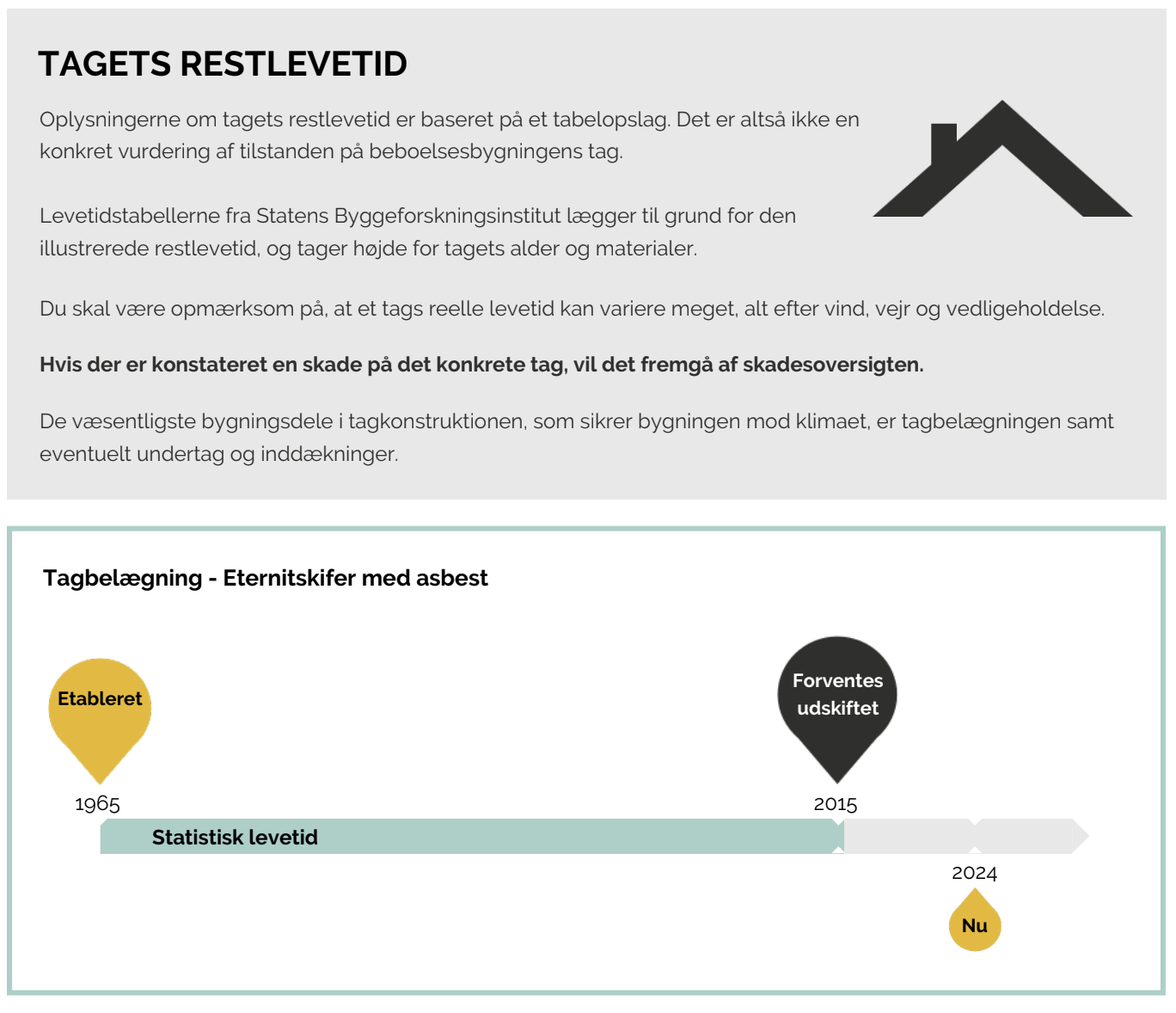 Udsnit af en tilstandsrapport med tidslinje for statistisk levetid for eternitskifer med asbest